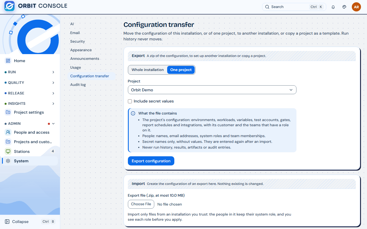 Admin, System, Configuration transfer: the Export part with One project, the Project list, Include secret values and What the file contains
