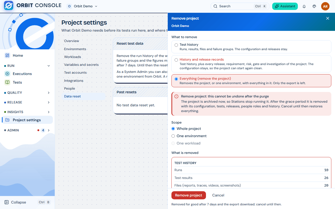 The Remove project sheet: What to remove set to Everything (remove the project), the warning, the Scope and the What is removed counts